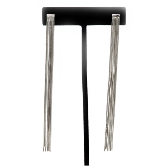 Silver Tone Long Fringe Earrings – Statement Linear Dangle Drop Shoulder Duster - Picture 1 of 8
